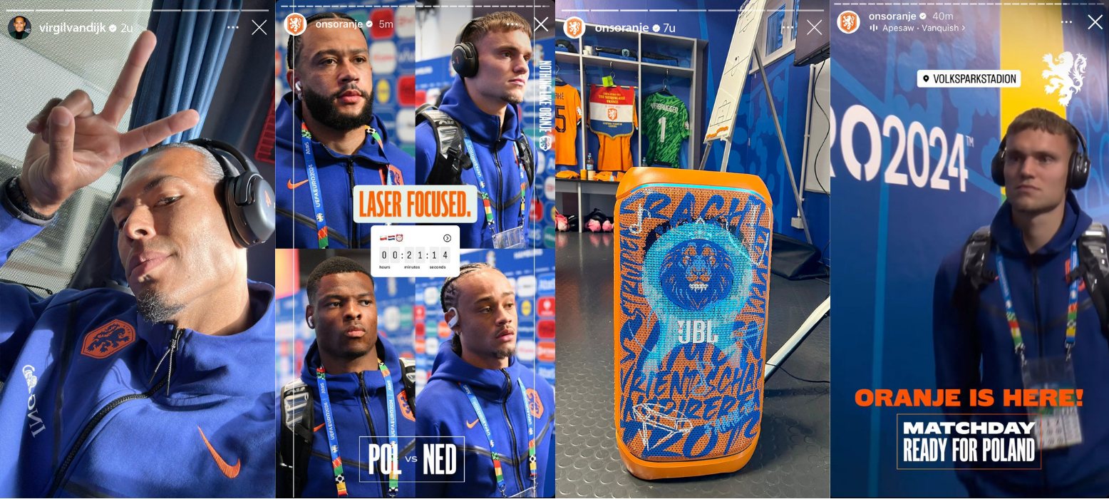 Vier Instagram-stories van het Nederlands elftal met de oranje JBL PartyBox in de kleedkamer