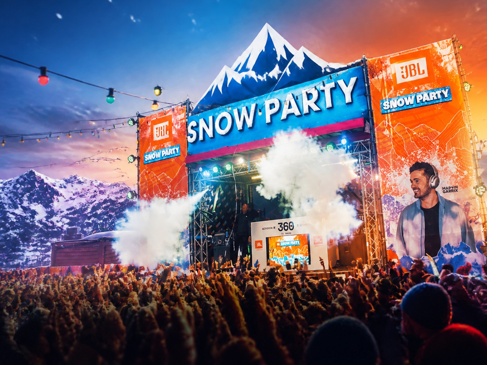 JBL Snow Party: podium in de bergen met rook en publiek